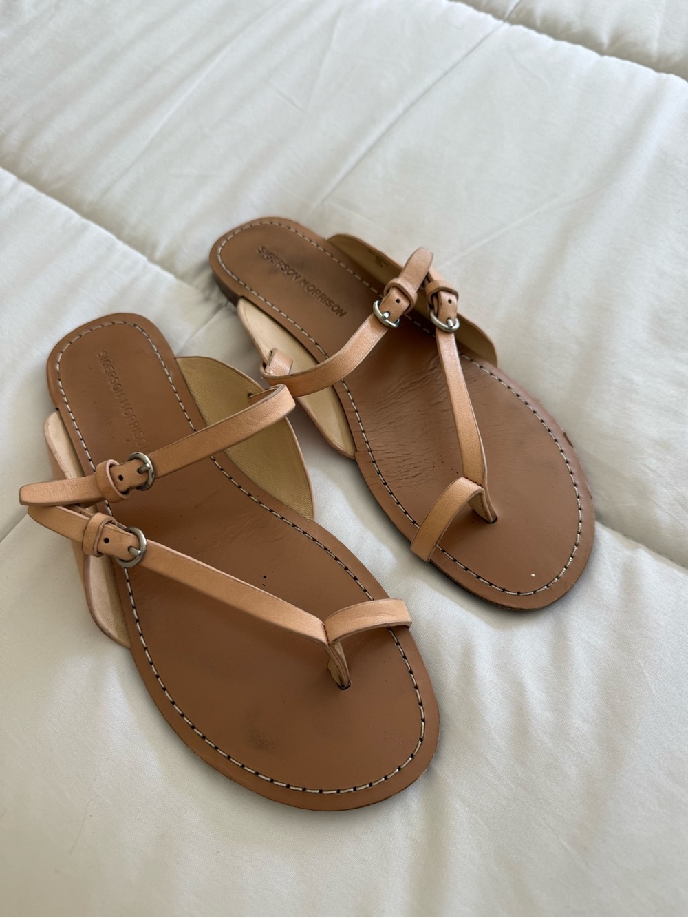 Sigerson Morrison Tan Leather T-Strap Sandals